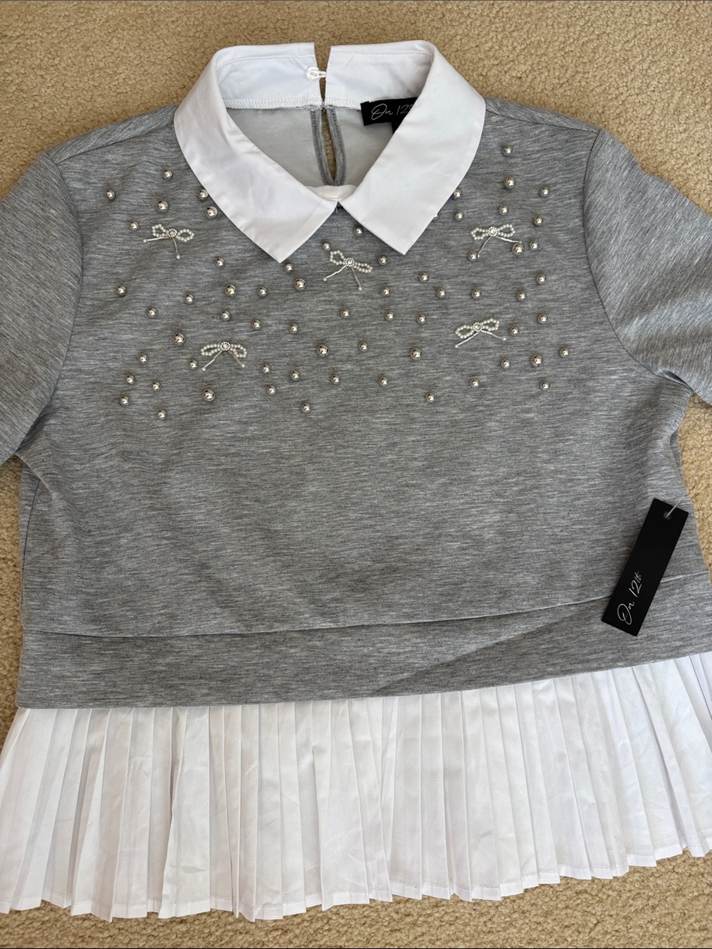 Girls Gray Knit Sweatshirt with White Collar & Pearl Bow Accents